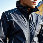 **

Prompt: "Close-up of a stylish, modern jacket with subtle integrated sensors. Focus on the breathable, water-resistant fabric and minimalist design.  Slight sunlight glinting off the material.  Urban background, suggesting an active lifestyle in a European city."

**