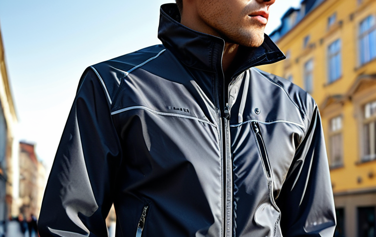 **
Prompt: "Close-up of a stylish, modern jacket with subtle integrated sensors. Focus on the breathable, water-resistant fabric and minimalist design. Slight sunlight glinting off the material. Urban background, suggesting an active lifestyle in a European city."
**