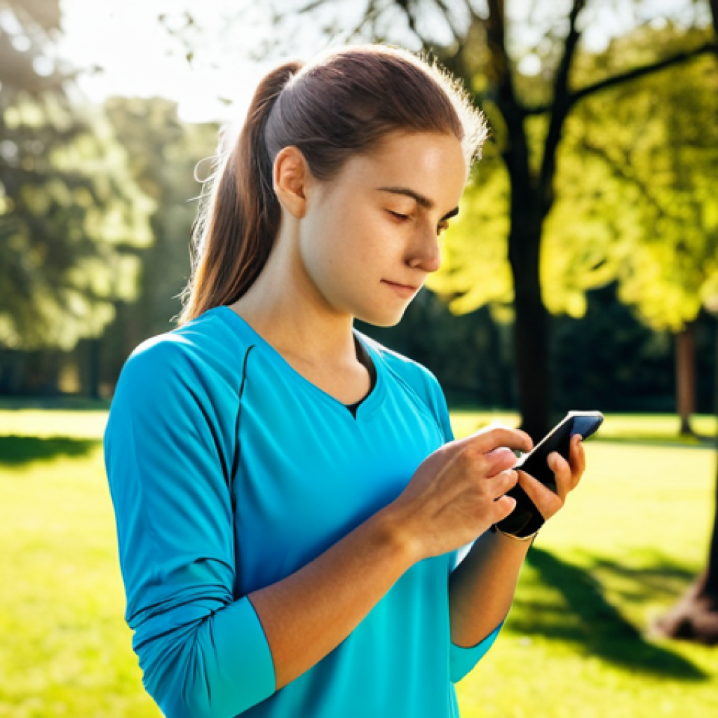 A young adult woman in modest, comfortable athletic wear, standing in a modern, sunlit park. She is looking at her smartwatch, which is on her wrist, with a thoughtful and focused expression, reflecting on health data after a morning run. The background shows blurred trees and a clear sky, emphasizing outdoor well-being. safe for work, appropriate content, fully clothed, family-friendly, perfect anatomy, correct proportions, natural pose, well-formed hands, proper finger count, natural body proportions, professional photography, high detail, vibrant colors, clear focus.