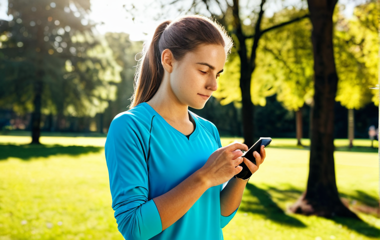 A young adult woman in modest, comfortable athletic wear, standing in a modern, sunlit park. She is looking at her smartwatch, which is on her wrist, with a thoughtful and focused expression, reflecting on health data after a morning run. The background shows blurred trees and a clear sky, emphasizing outdoor well-being. safe for work, appropriate content, fully clothed, family-friendly, perfect anatomy, correct proportions, natural pose, well-formed hands, proper finger count, natural body proportions, professional photography, high detail, vibrant colors, clear focus.