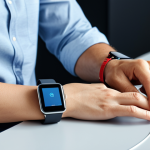 Home 15 A calm individual, fully clothed in modest, professional attire, observing real-time biometric data from their advanced smartwatch on their wrist. The person is seated at a minimalist desk in a bright, modern home office, surrounded by subtle, calming digital interface elements that visually represent emotional well-being. The scene conveys a sense of personal insight and proactive health management. Well-formed hands, proper finger count, natural body proportions, perfect anatomy, correct proportions, natural pose. Professional photography, high quality, realistic, safe for work, appropriate content, fully clothed, professional, family-friendly.