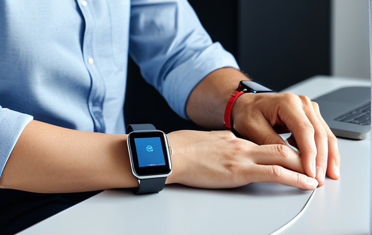 A calm individual, fully clothed in modest, professional attire, observing real-time biometric data from their advanced smartwatch on their wrist. The person is seated at a minimalist desk in a bright, modern home office, surrounded by subtle, calming digital interface elements that visually represent emotional well-being. The scene conveys a sense of personal insight and proactive health management. Well-formed hands, proper finger count, natural body proportions, perfect anatomy, correct proportions, natural pose. Professional photography, high quality, realistic, safe for work, appropriate content, fully clothed, professional, family-friendly.