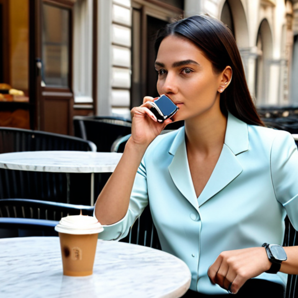 **

"A stylish Italian woman in her late 20s, fully clothed in a chic, modern business casual outfit (e.g., tailored trousers, silk blouse, blazer), showcasing a sleek smartwatch with a titanium case and interchangeable leather strap. She is sitting at an outdoor cafe in Milan, Italy, sipping an espresso. The focus is on the watch as a fashion statement, complementing her attire. Perfect anatomy, correct proportions, natural pose, well-formed hands, proper finger count, natural body proportions. Safe for work, appropriate content, fully clothed, professional, modest, family-friendly, professional photography, high quality."

**