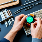 Home 13 Sustainable Wearable Tech in a Workshop**
"A close-up shot of a modern, eco-friendly smartwatch being assembled in a bright, clean workshop. The smartwatch features a woven organic cotton strap and a recycled metal casing. Components are neatly arranged, showcasing the modular design. Technicians are working with precision. Background includes sustainable materials and tools. Fully clothed, appropriate attire, safe for work, perfect anatomy, natural proportions, professional product photography, high quality, modest, family-friendly."
**