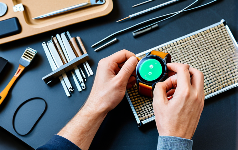 Sustainable Wearable Tech in a Workshop**

"A close-up shot of a modern, eco-friendly smartwatch being assembled in a bright, clean workshop. The smartwatch features a woven organic cotton strap and a recycled metal casing. Components are neatly arranged, showcasing the modular design. Technicians are working with precision. Background includes sustainable materials and tools. Fully clothed, appropriate attire, safe for work, perfect anatomy, natural proportions, professional product photography, high quality, modest, family-friendly."

**