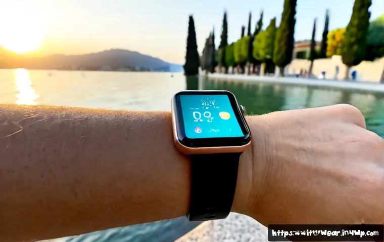 스마트워치의 기능과 활용 사례 - Photorealistic close-up of an elegant smartwatch on an adult wrist during a morning walk beside an I...