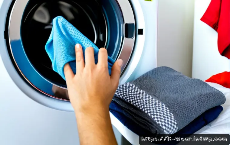 스마트 의류의 세탁 및 관리 방법 - Photorealistic Italian home laundry room, close view of a person carefully placing a smart fitness s...